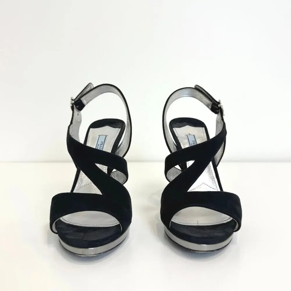 PRADA Black Suede Strappy Silver Buckle Heels 37 Stiletto Leather Sandal Shoes